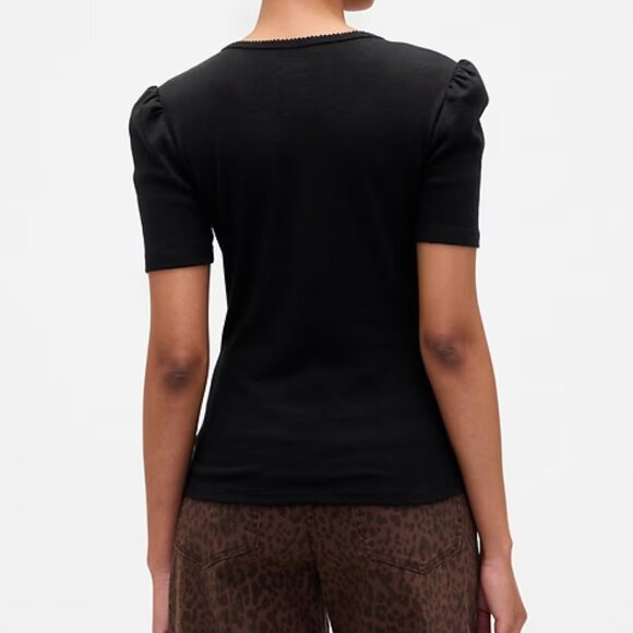 GAP Black Ribbed Scoop Neck Puff Sleeve Top/NWT/XL - Picture 2 of 13